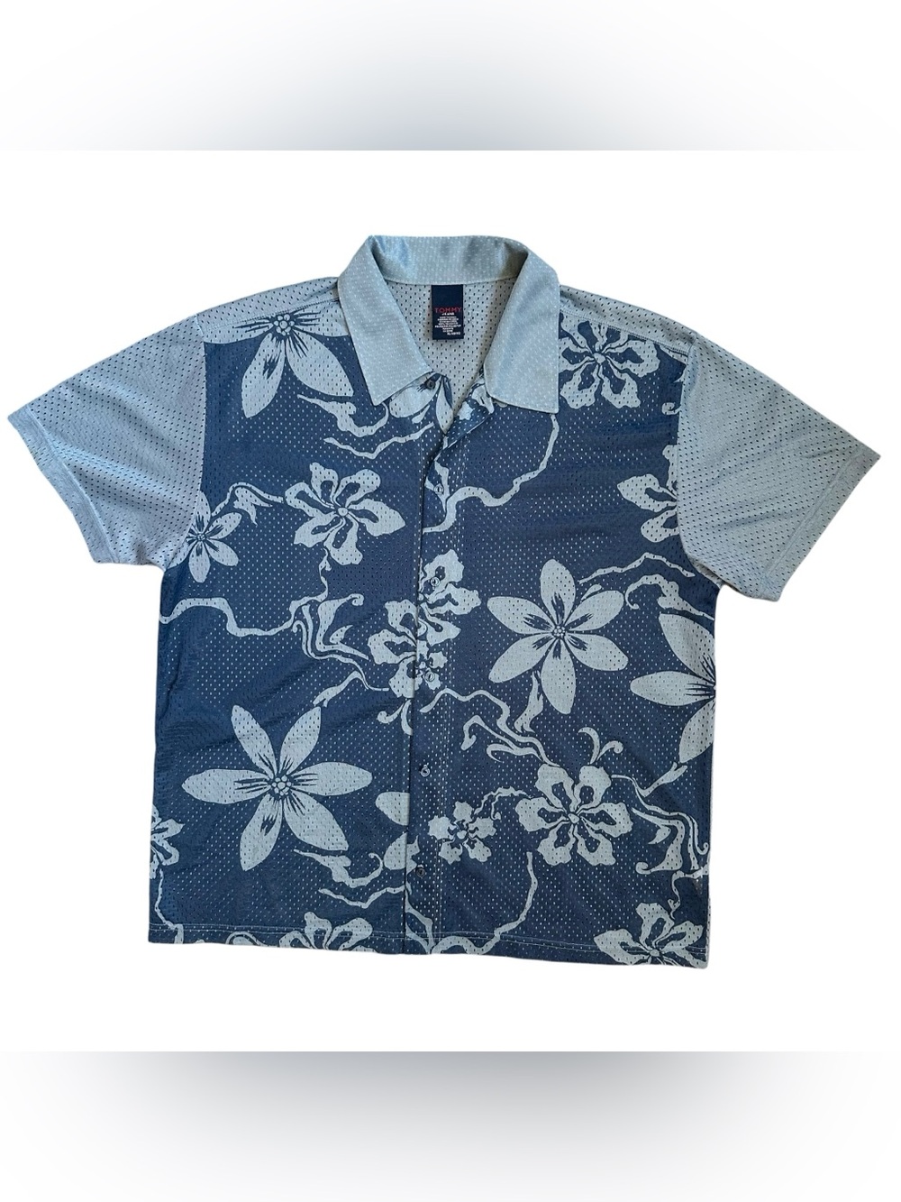 Vintage Y2K Tommy Jeans Pale Blue & Navy Mesh Netted Button Down Tropical Shirt